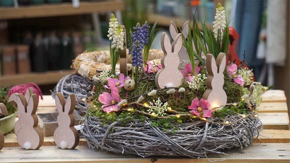 DIY Osterkranz mit Lichterkette und Seidenblüten – Mooskranz